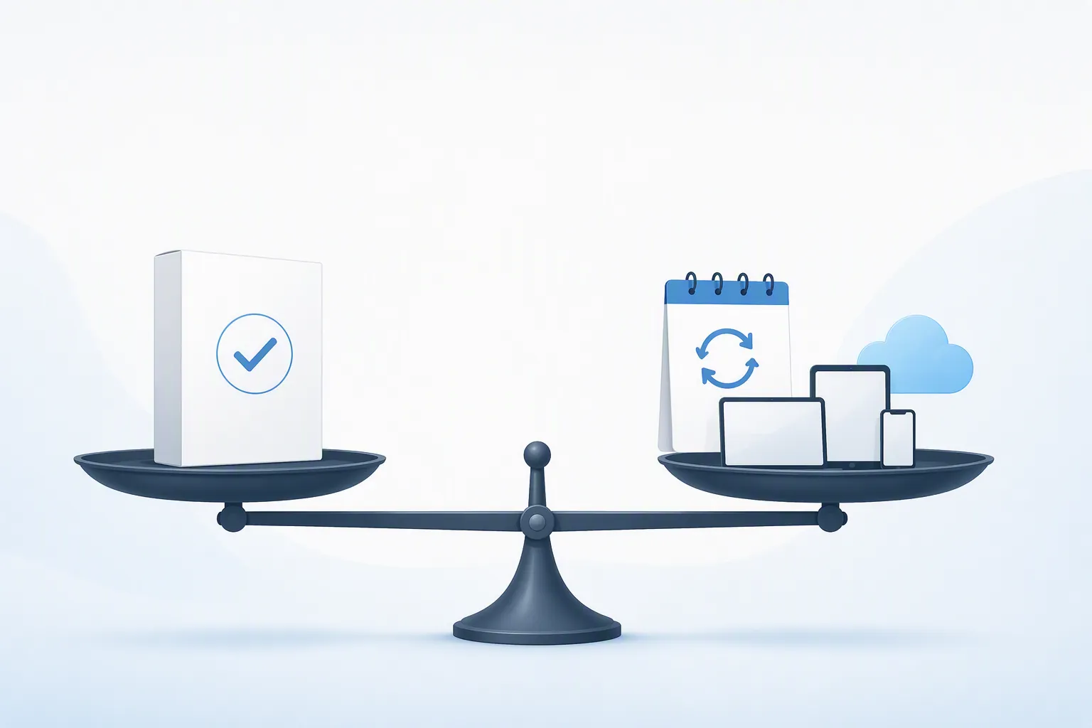 Balance scale comparing a boxed software license with a renewing cloud subscription across devices