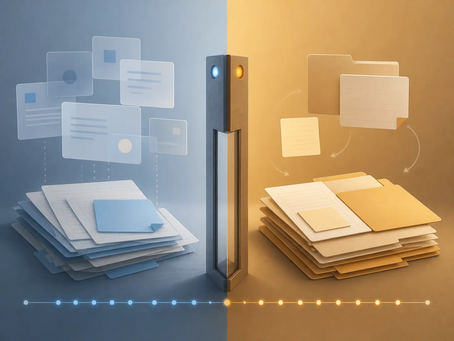 Suggestion cards on one side of a checkpoint gate and changed files with a version-history timeline on the other