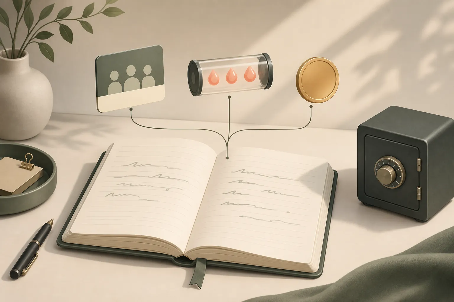 Minimal desk illustration with a notebook, vault box, and three payment symbols representing bundled seats, token metering, and subscriptions