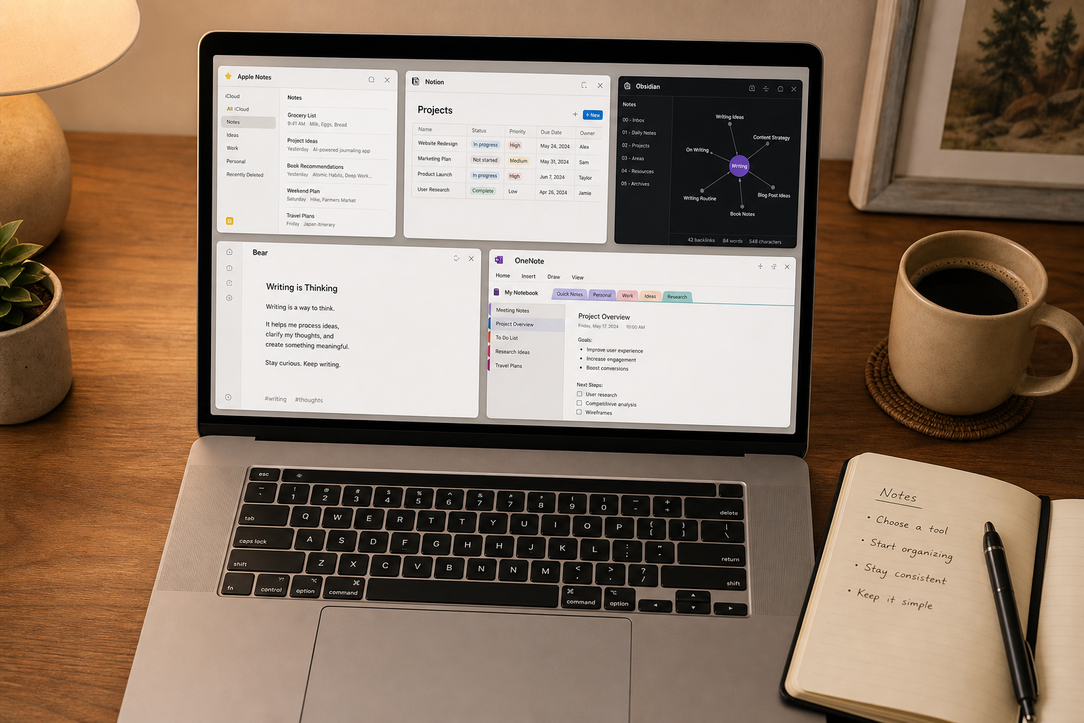 A flat-lay photograph of a MacBook on a wooden desk showing five note-taking app thumbnails on the screen, with a coffee mug, notebook, and pen beside it.