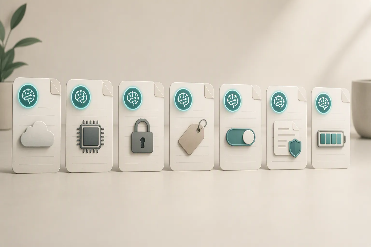Seven note-app cards with identical AI badges revealing different mechanisms underneath: cloud, chip, padlock, price tag, toggle, shield, and credit meter