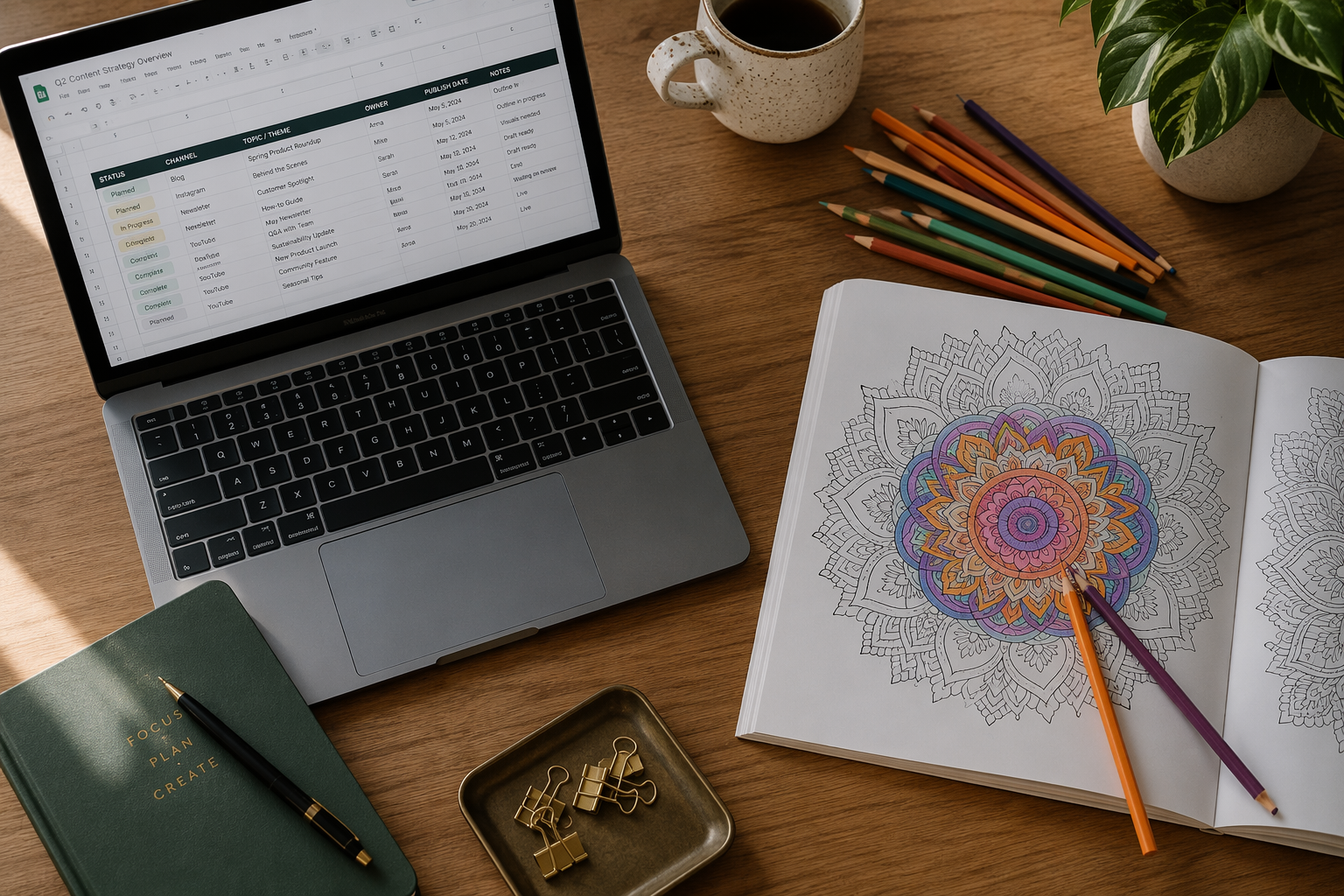 A laptop beside a partially colored mandala and colored pencils on a desk, suggesting a screen-free break before returning to work.