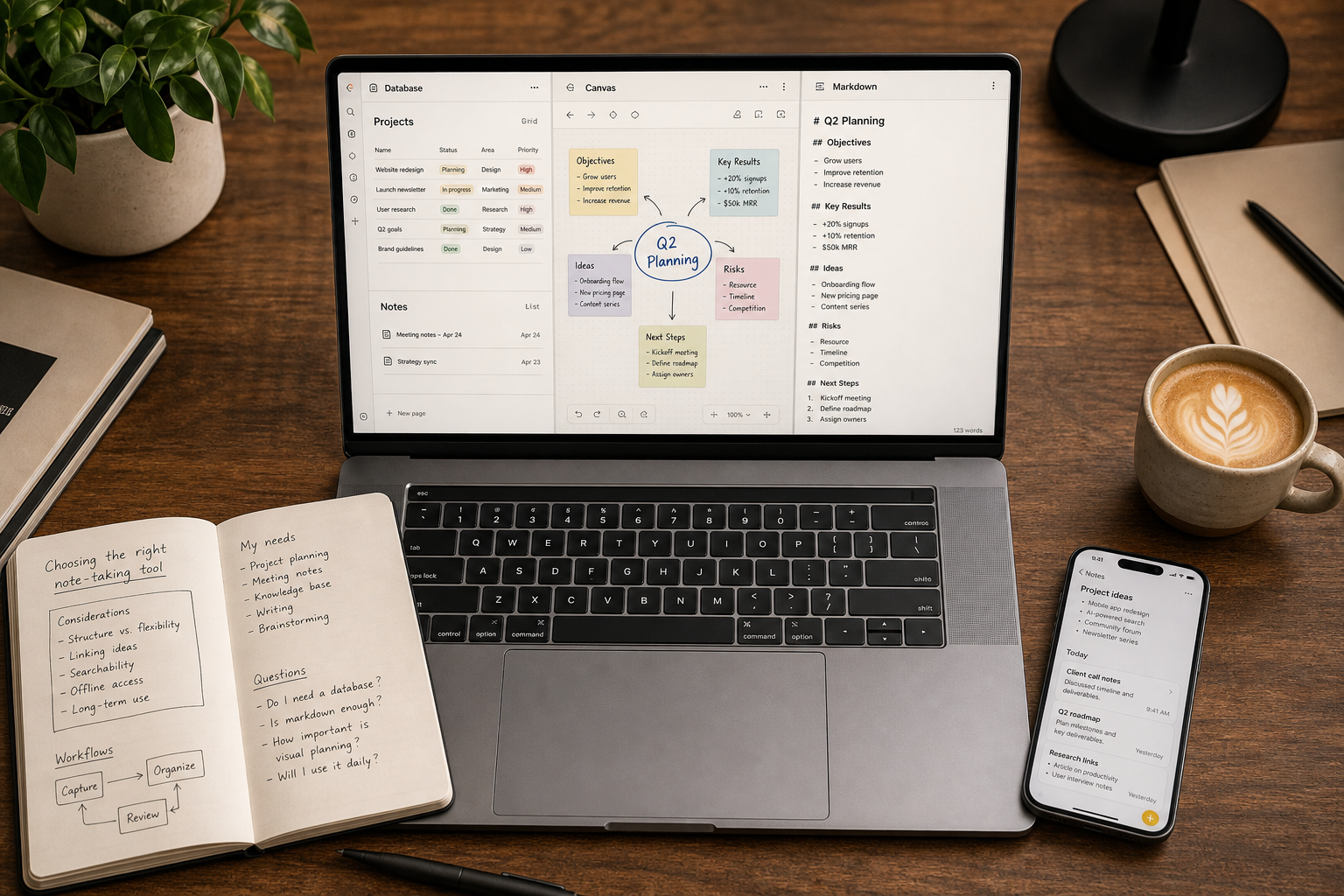 Flat-lay overhead view of a modern wooden desk workspace with a silver laptop in the center displaying split-view note-taking app interfaces, alongside an open physical notebook, a stylus pen, a ceramic coffee cup with latte art, and a smartphone showing a notes app, all under warm professional lighting.