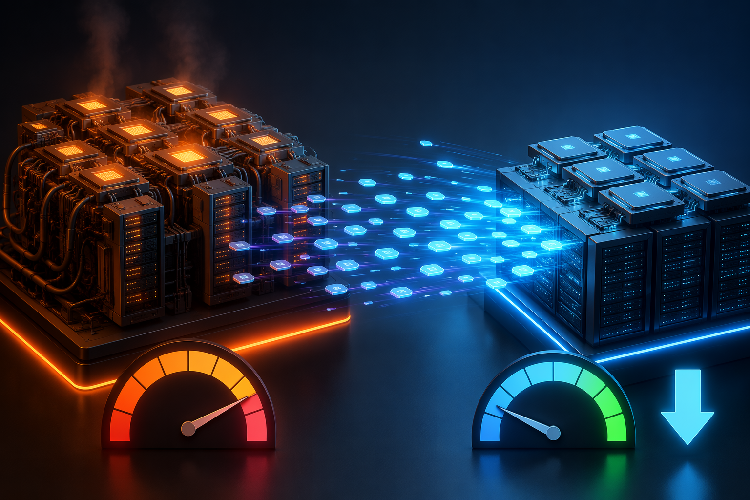 Side-by-side comparison of higher-cost and lower-cost AI server clusters producing different volumes of response tokens