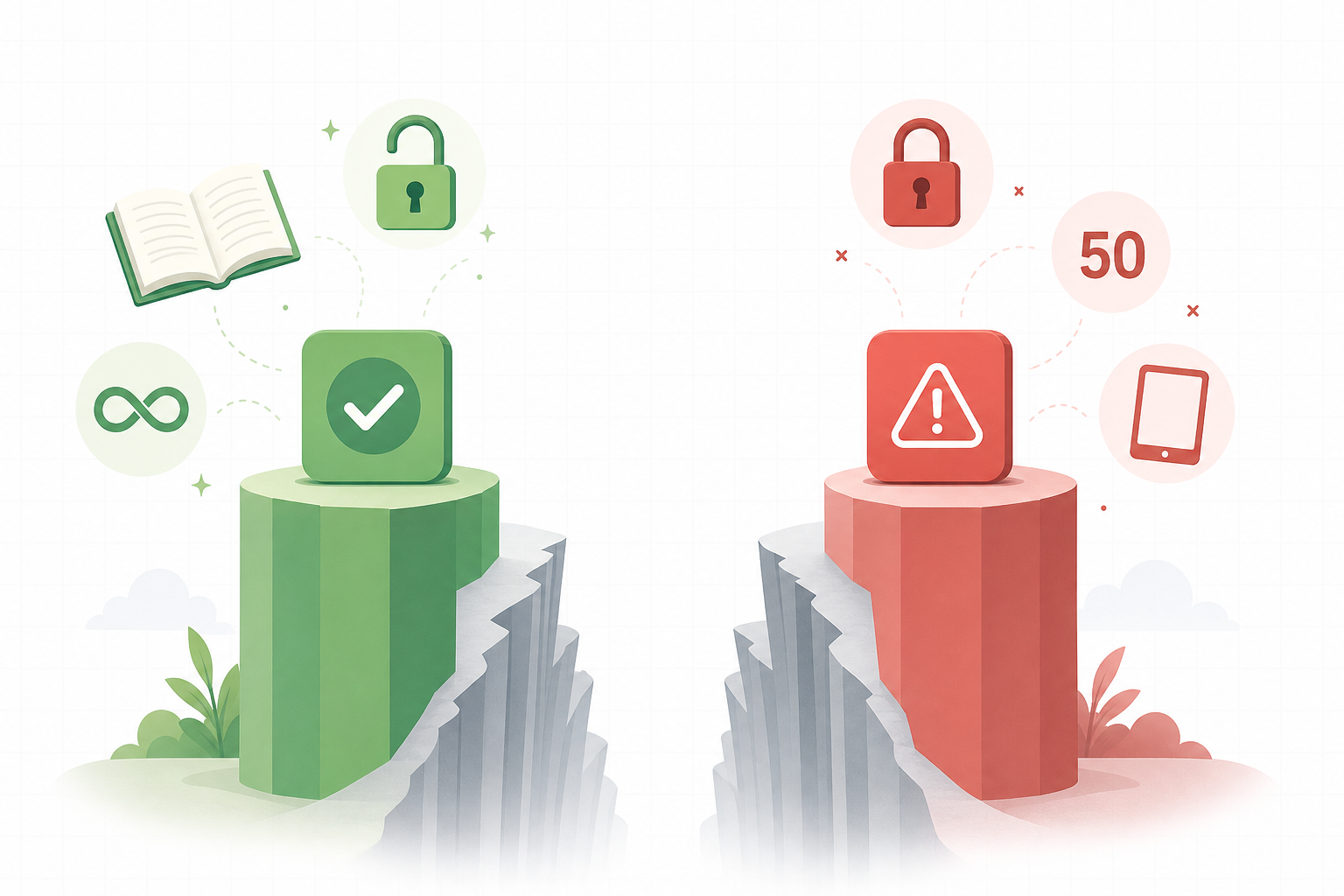 A conceptual flat vector illustration with two columns: a green column with positive symbols (open book, lock, unlimited) and a red-tinged column with restrictive symbols (warning icon, number 50, single device outline). A widening gap is shown between the two columns.