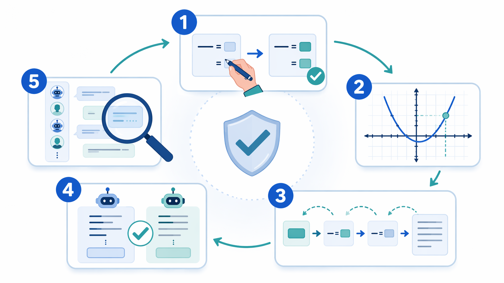 Five-step verification loop with substitution, graphing, backsolving, solver comparison, and audit