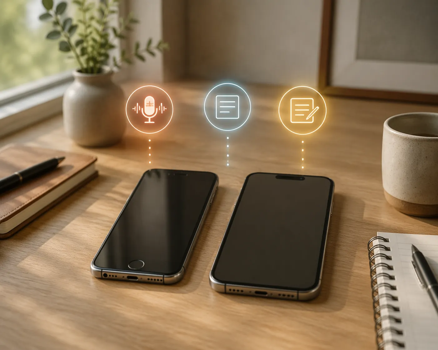 Two iPhones on a desk with floating icons for voice recording, transcription, and note-taking apps