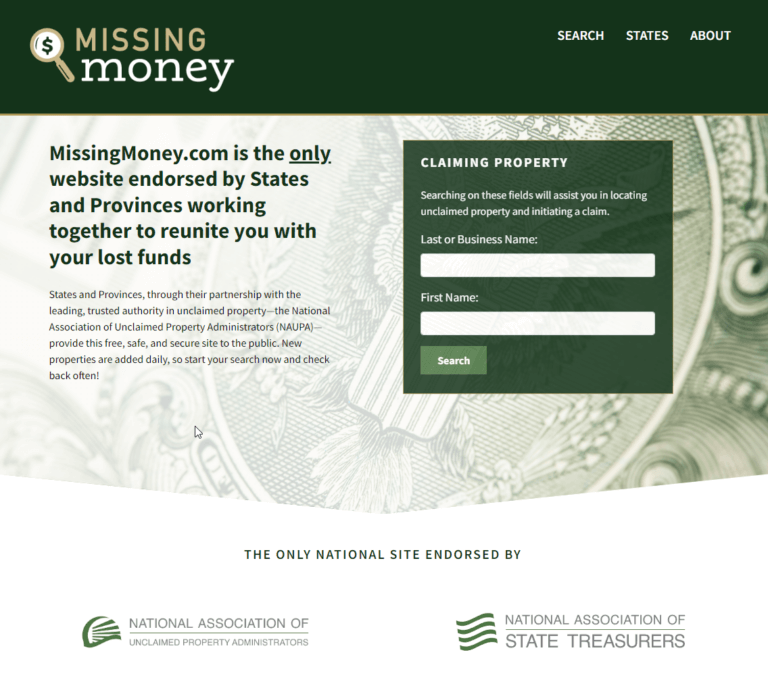MissingMoney.com search homepage with a state selector and prominent search field