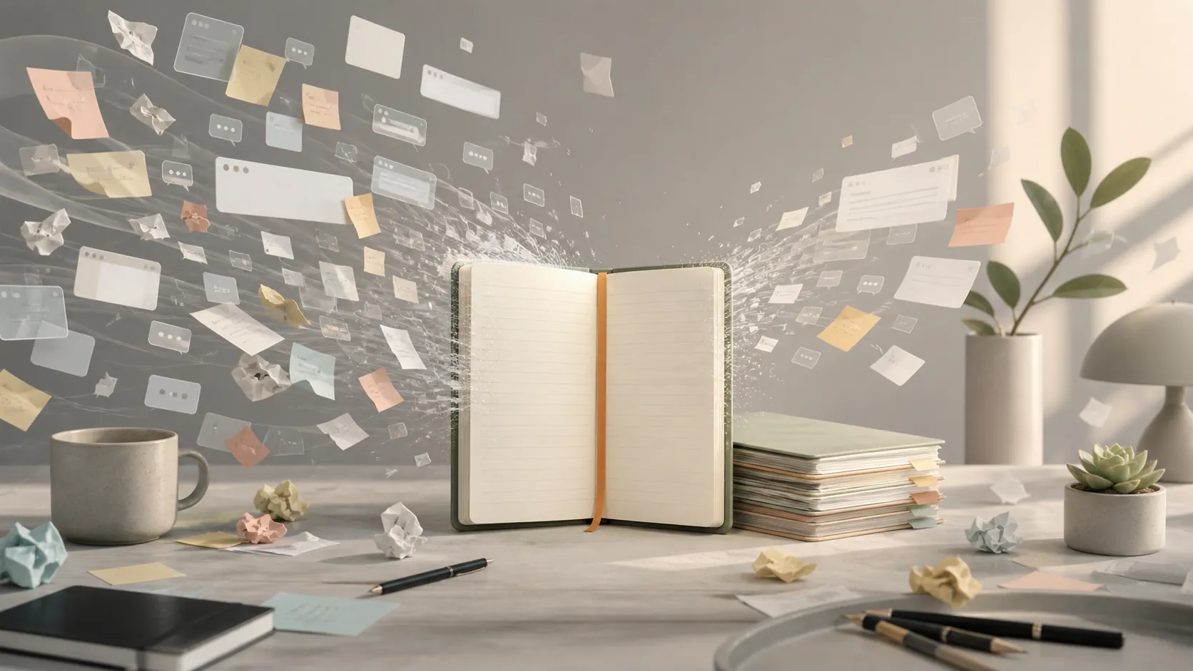 Chaotic workday fragments consolidating into one structured notebook