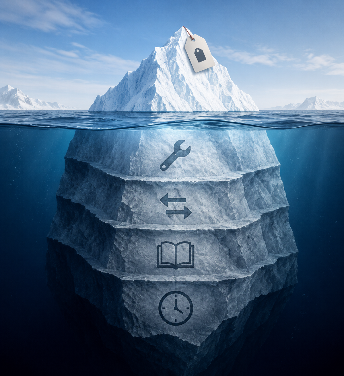 Iceberg illustration showing subscription price above the water and hidden implementation, migration, training, and lost billable time below