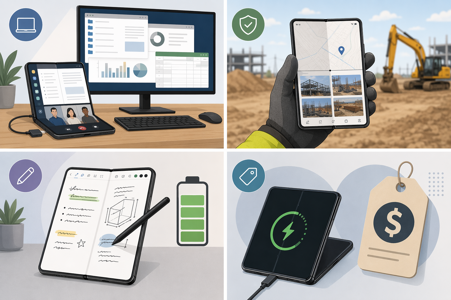 Illustrated grid of foldable phone productivity scenarios including desktop multitasking, field use, stylus work, and fast charging