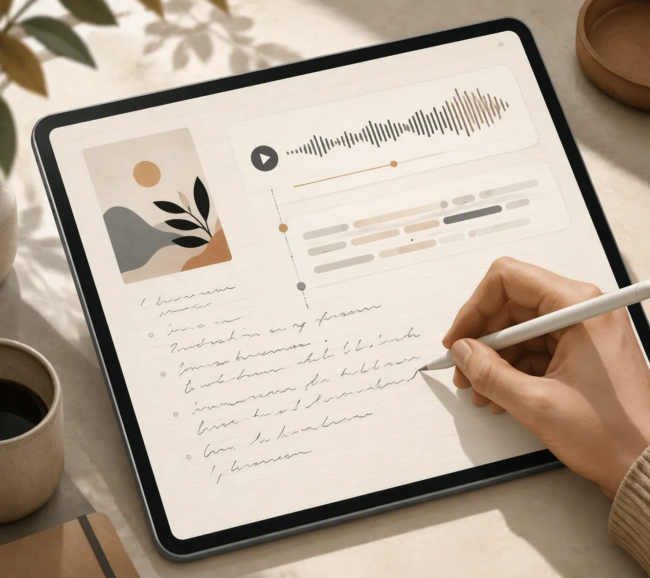 Stylus writing on a matte tablet screen with audio waveform and transcription shapes above the note