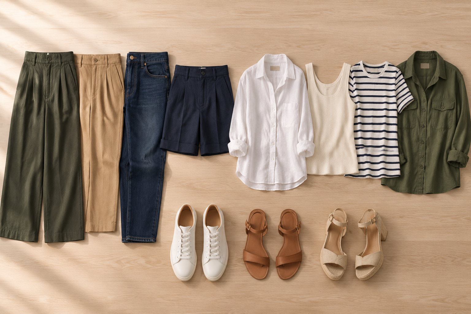Flat lay of a 4-4-3 capsule wardrobe with four bottoms, four tops, and three pairs of neutral shoes