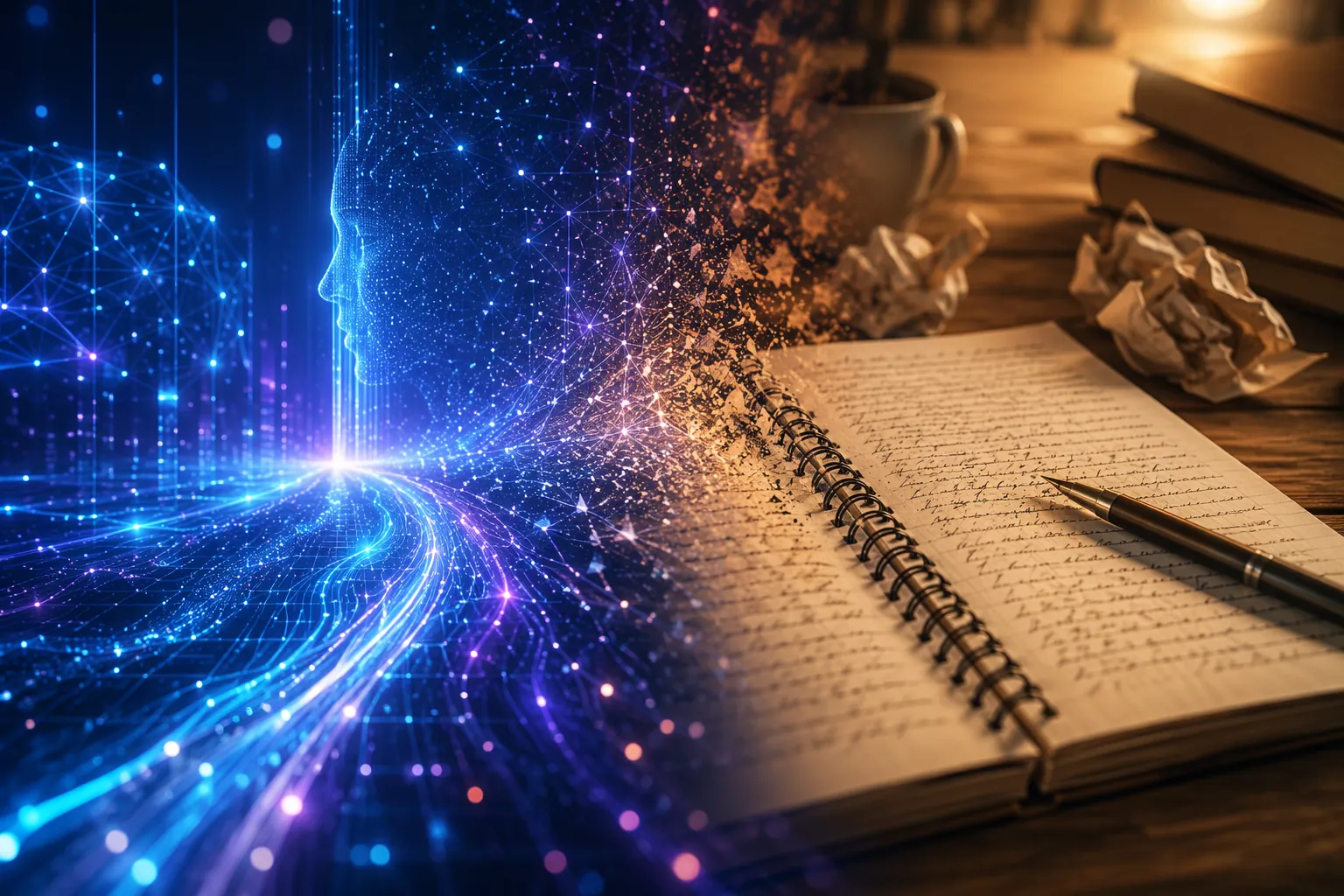 A split editorial image contrasting a glowing AI data landscape with an analog spiral notebook, pen, handwritten words, and crumpled pages
