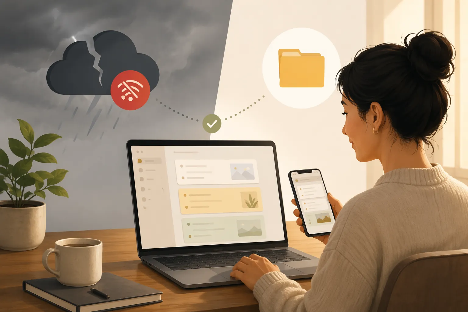 Person accessing locally saved notes during a cloud outage