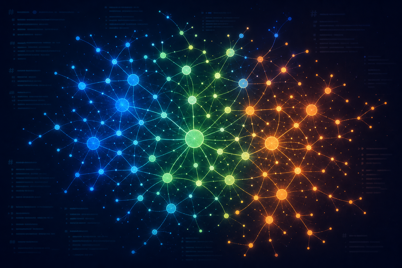 A glowing constellation-style knowledge graph with color-coded nodes connected by luminous lines on a dark navy background, representing an interconnected personal knowledge network.