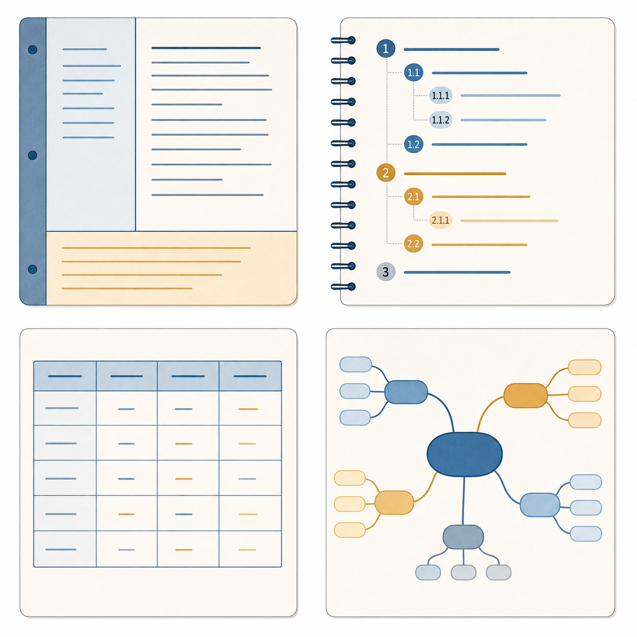 A four-panel grid illustration showing note-taking method structures: a Cornell-style divided page with cue column and summary section (top left), a hierarchical outline with indented bullet levels (top right), a table-style charting grid (bottom left), and a mind map with a central node and branching connections (bottom right), in blue and amber tones on a white background.