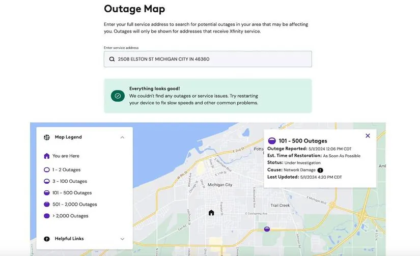 Xfinity outage map webpage showing outage markers and service status details