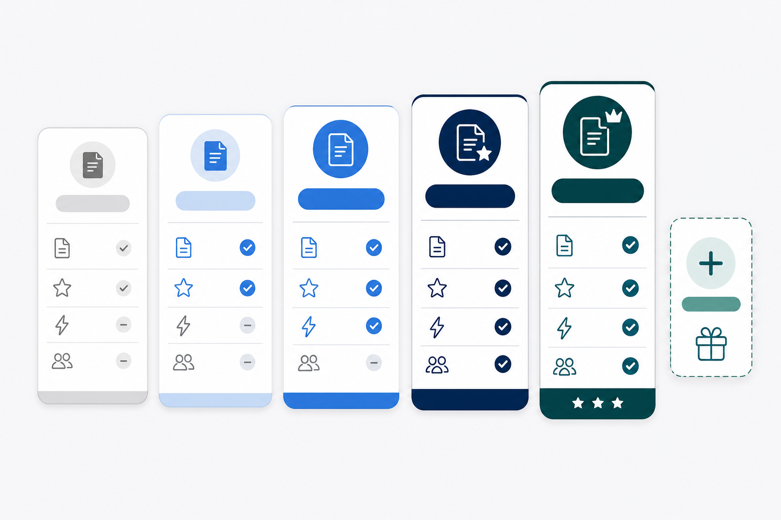 Flat-design infographic showing five subscription tier cards arranged left to right, increasing in color depth from light gray to deep navy and teal, with icons representing documents, features, and teams.