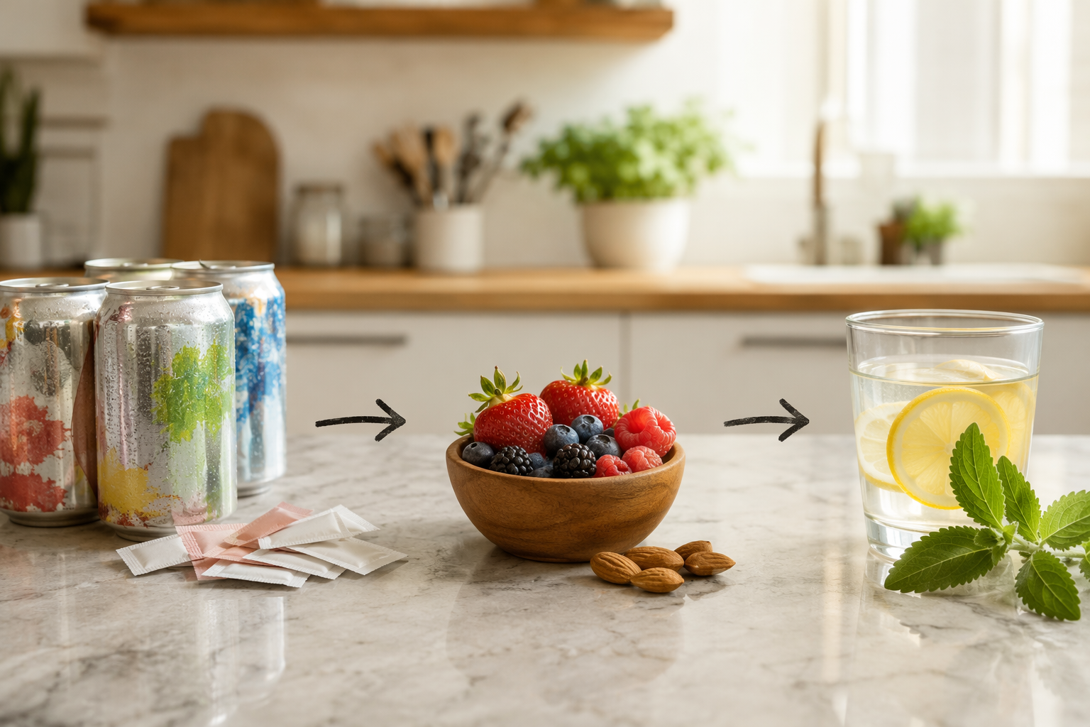 Artificial sweeteners beside berries, almonds, lemon water, and stevia as a replacement scene