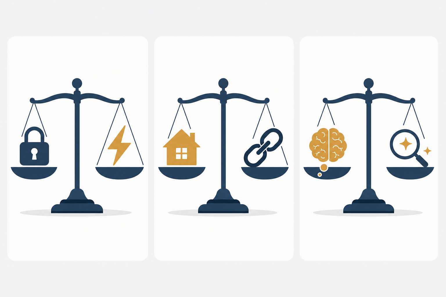A three-panel editorial illustration showing balance-scale comparisons of PKM trade-offs: privacy vs convenience, data ownership vs vendor lock-in, and cognitive benefit of manual linking vs AI retrieval speed.