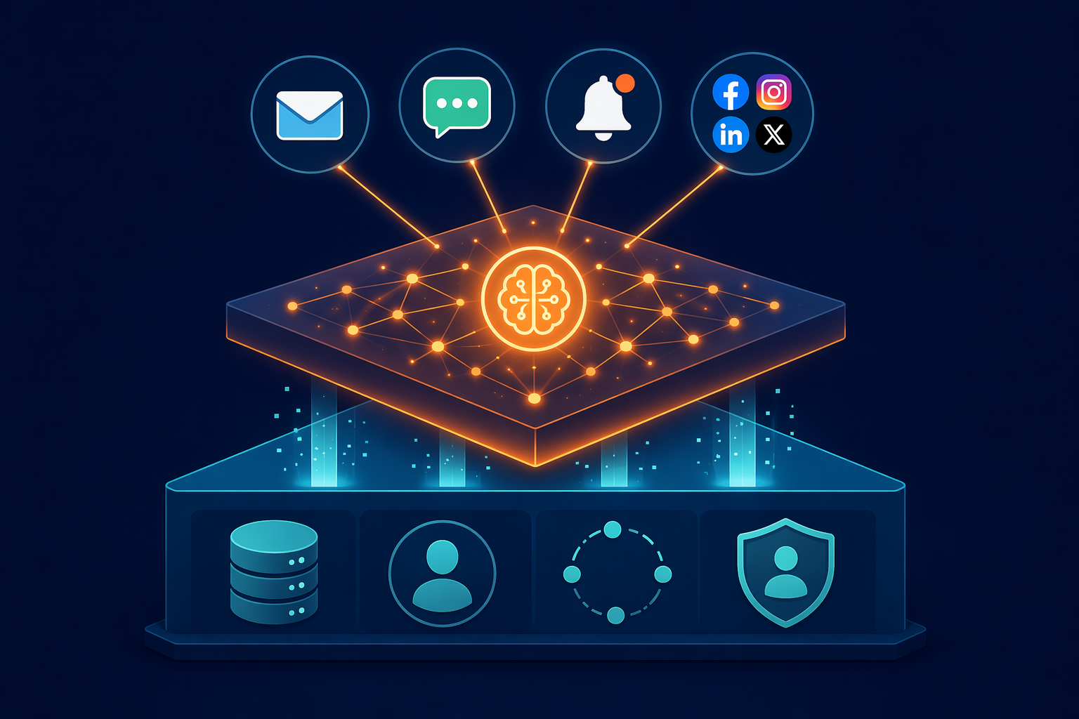 A two-tier illustration showing a solid data foundation supporting a glowing AI optimization layer with multi-channel outputs.