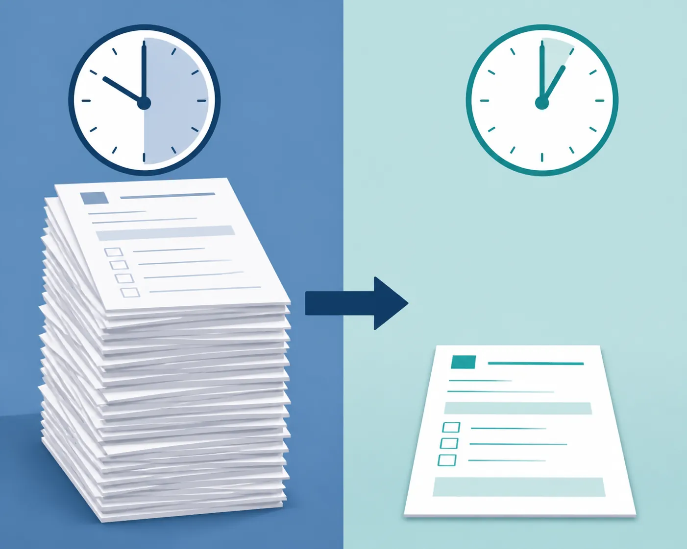 A dense stack of application forms and a long clock transformed into one simplified form with a shorter completion time
