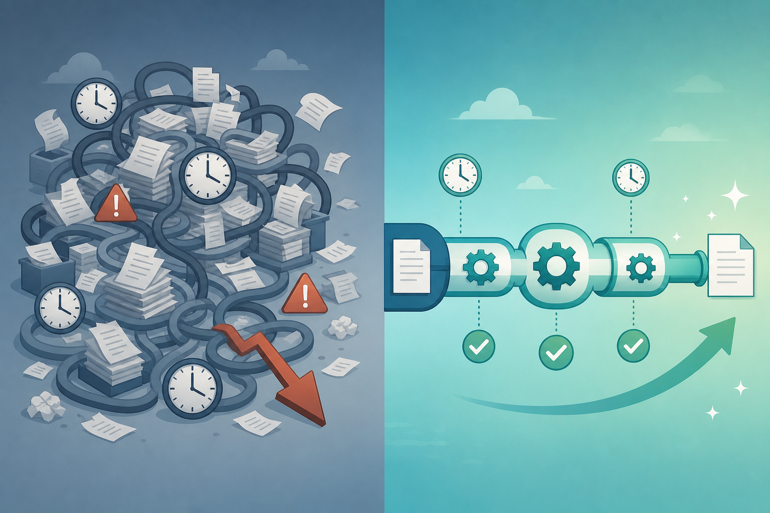 Split-screen illustration comparing a manual process on the left with tangled papers and warning icons versus an automated process on the right with clean flow and checkmarks.