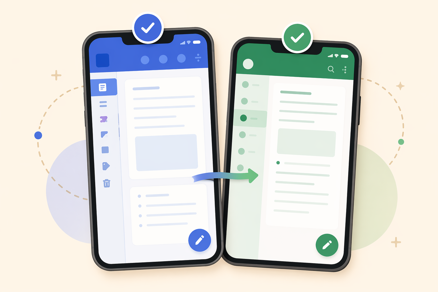 A flat vector illustration of two smartphone screens stacked slightly offset from each other, connected by a subtle linking arrow. One screen shows a blue-toned note-taking interface, the other shows a green-toned interface. Small checkmark badges float above each screen.