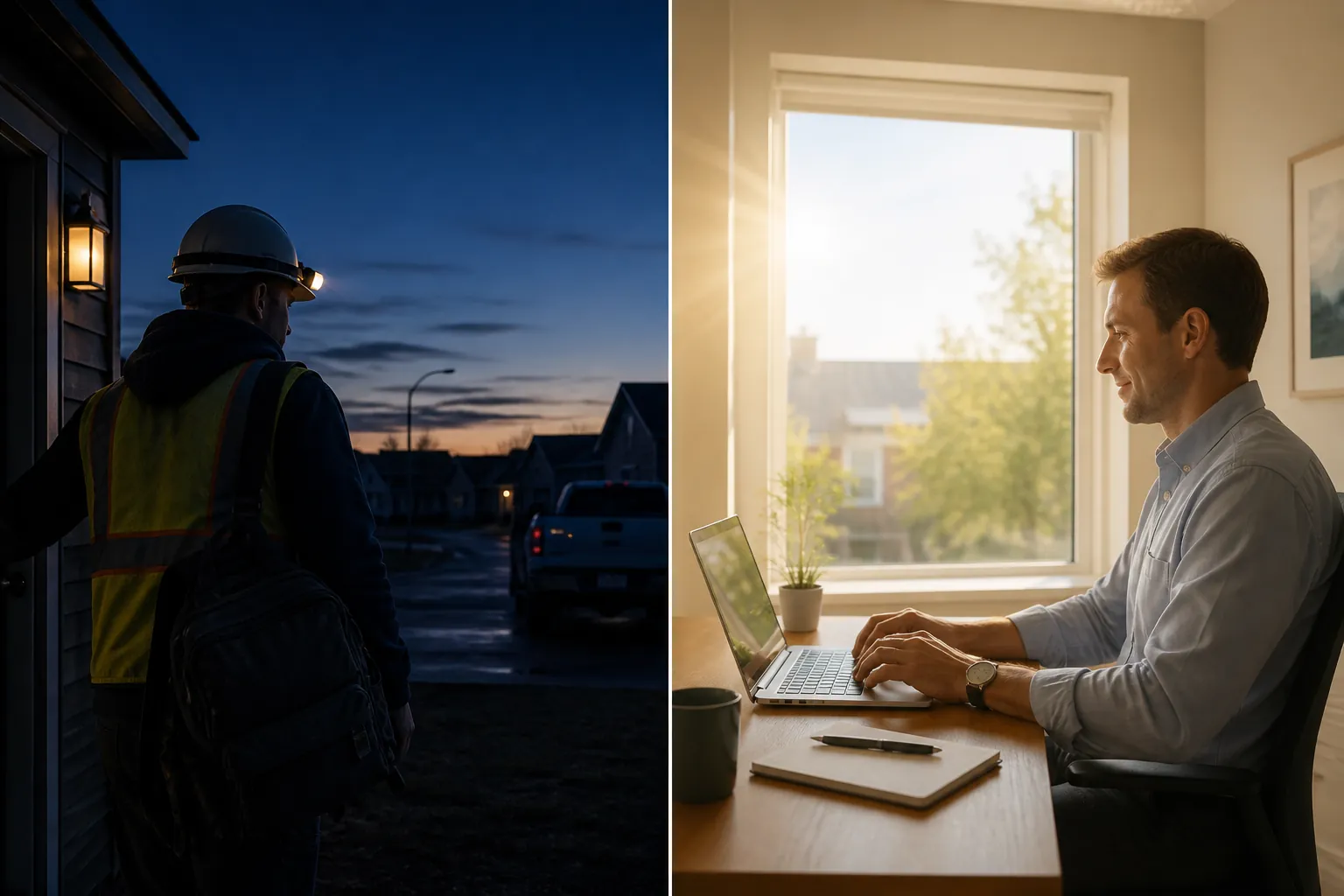 A construction worker leaving in darkness contrasted with an office worker in daylight