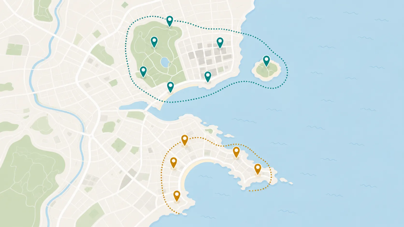 Abstract coastal city map with one park and downtown cluster and a separate coastal cove cluster