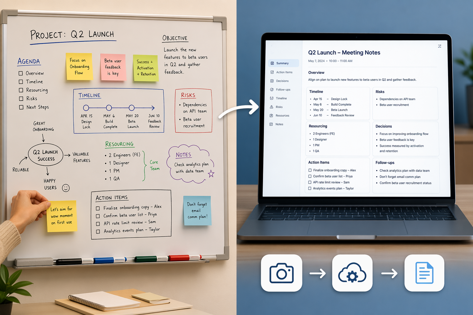 Split-screen illustration showing a whiteboard with sticky notes and diagrams on the left, and a laptop displaying structured digital text with section headings on the right, connected by a flowing arrow.
