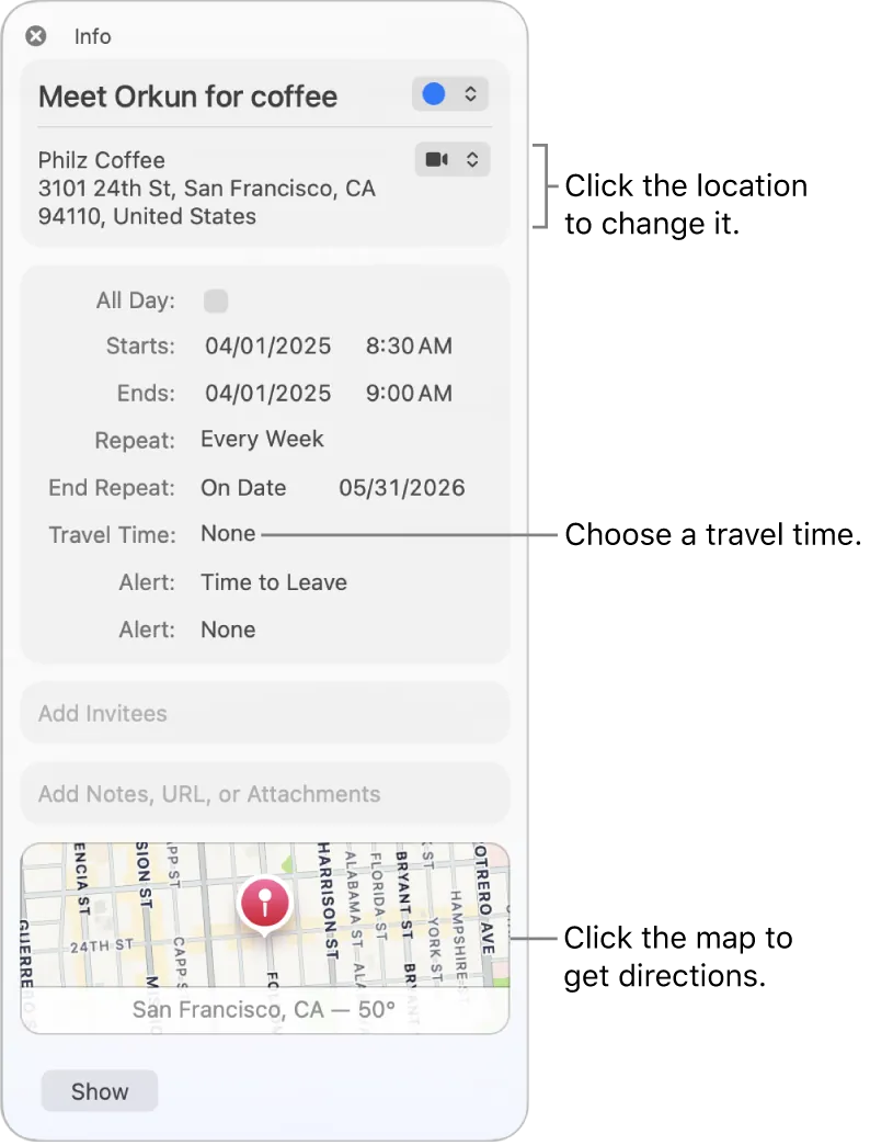 Apple Calendar event inspector showing the location field and travel time setting on Mac