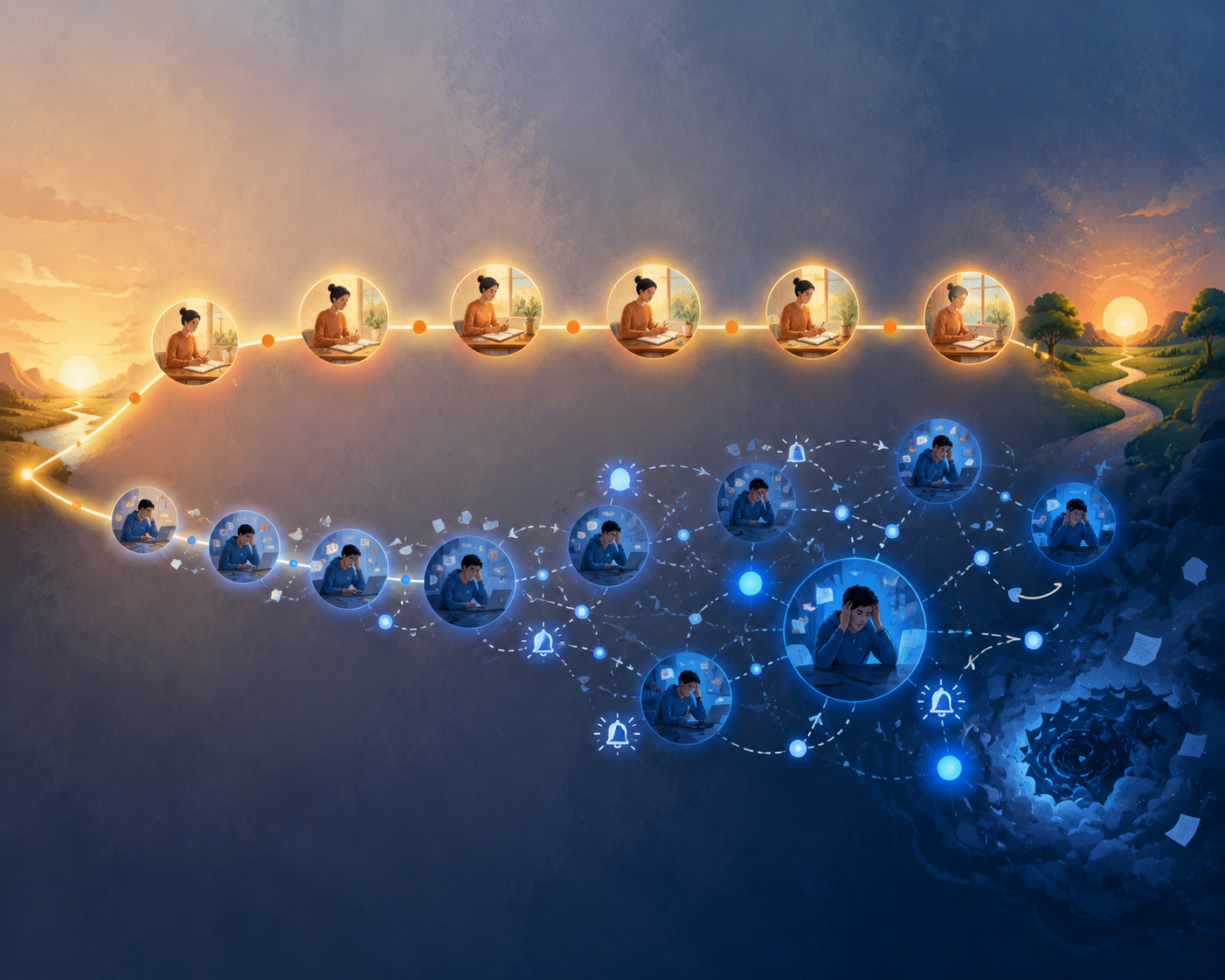 Six-month timeline comparing a steady daily planning path with a chaotic AI rescheduling path