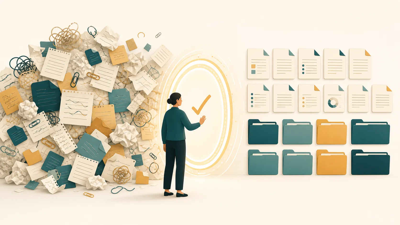 Chaotic note cards becoming organized through a supervised approval checkpoint
