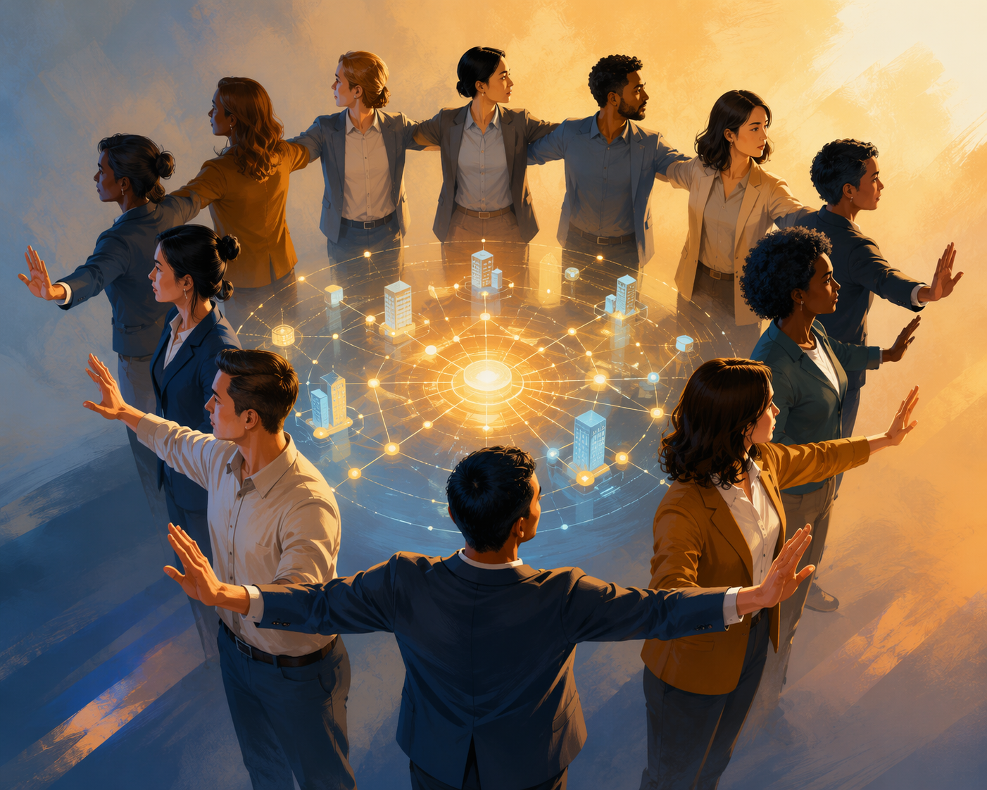Diverse office workers forming a protective human firewall around a glowing business network