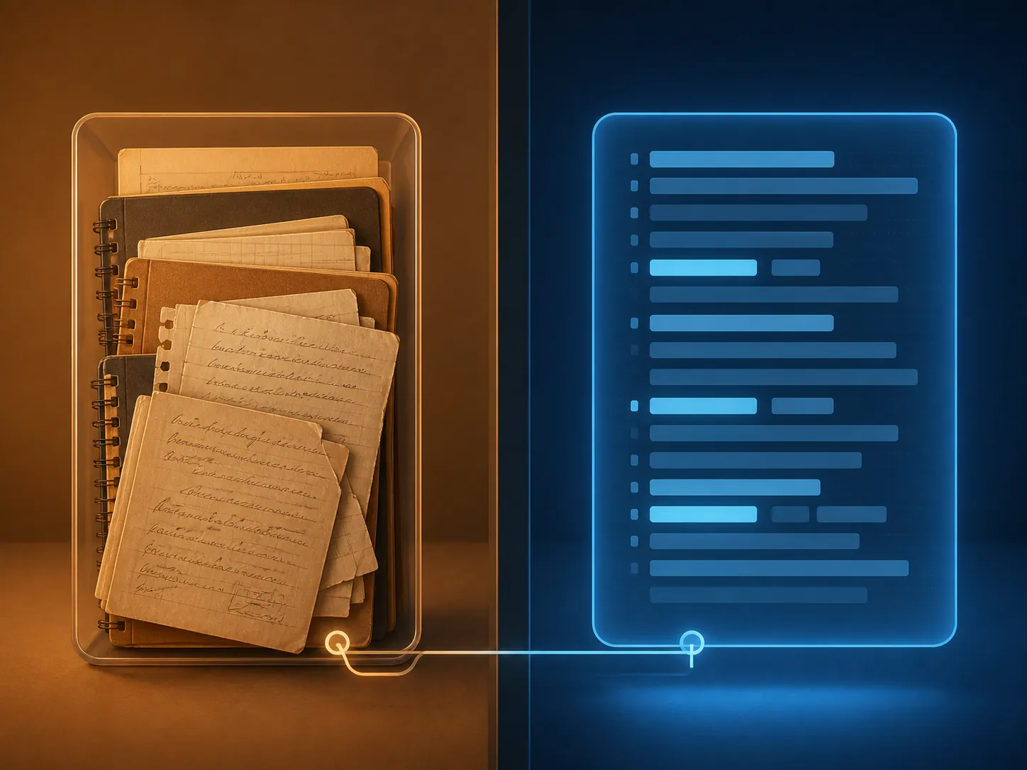 Human notes and AI output kept in separate containers with only a thin retrieval connection between them