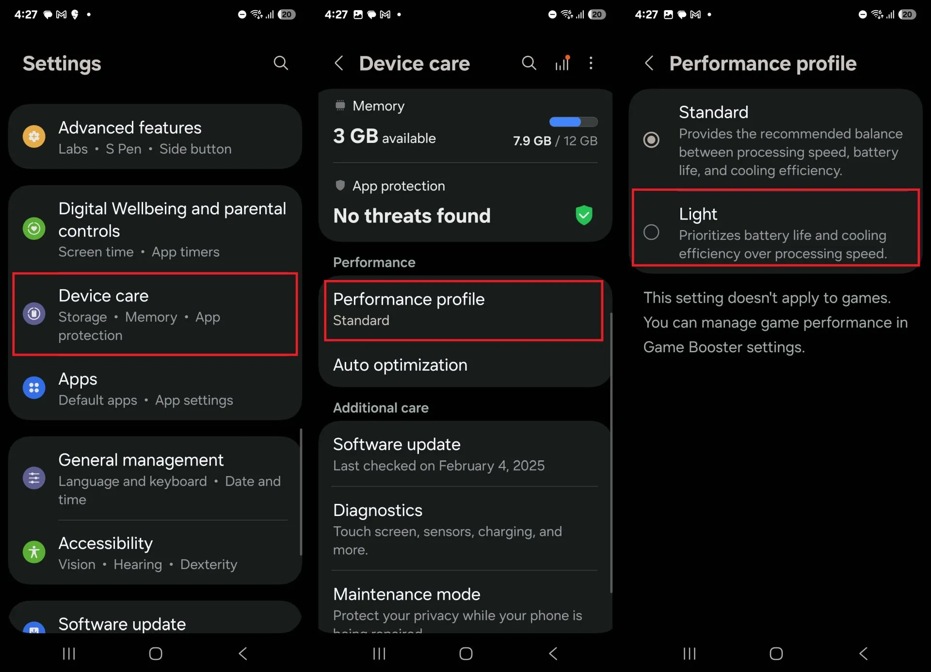 Samsung Galaxy S25 Performance Profile settings showing Standard and Light modes