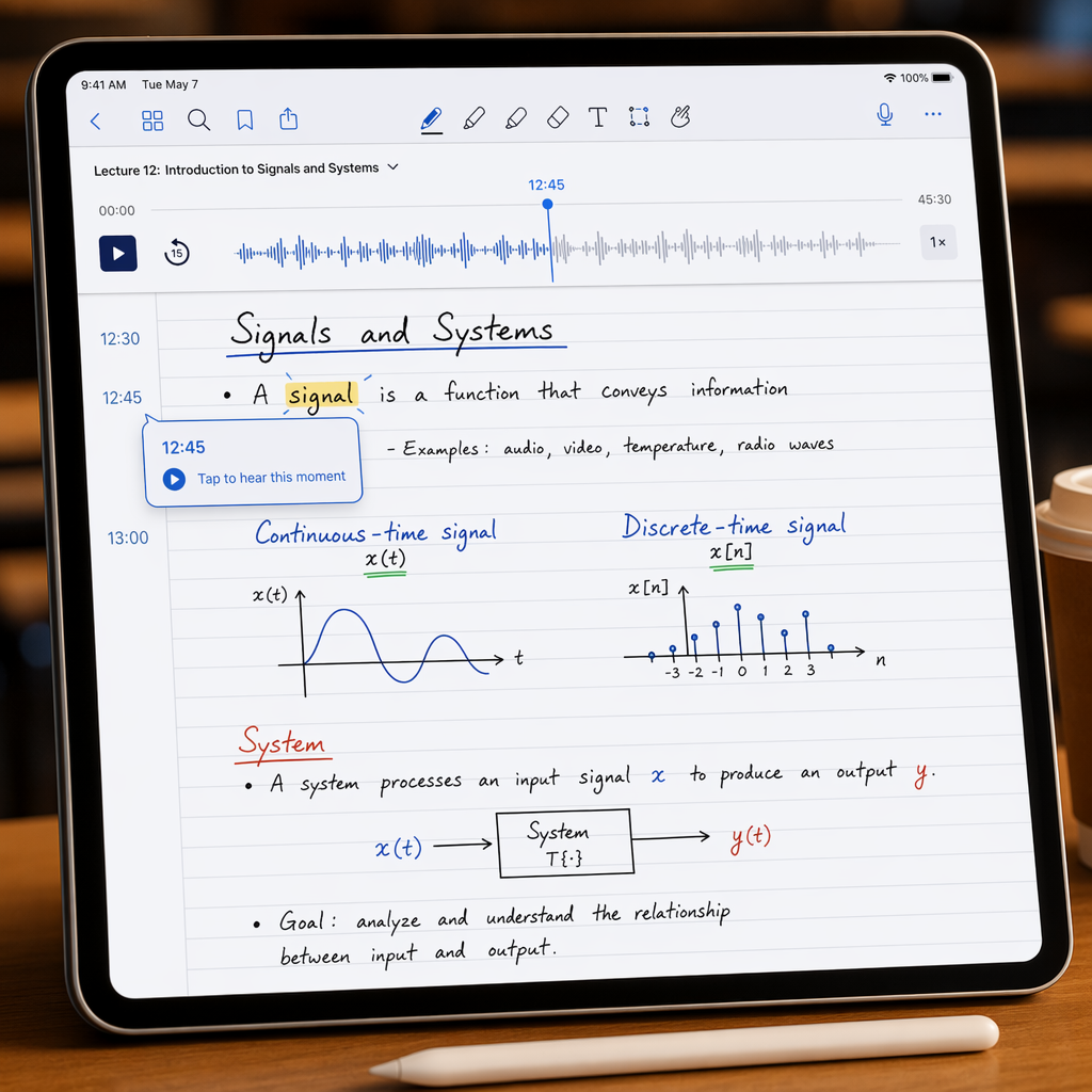 An iPad screen showing the Notability note-taking interface with handwritten lecture notes and an audio waveform recording at the top, illustrating the audio-synced recording feature.