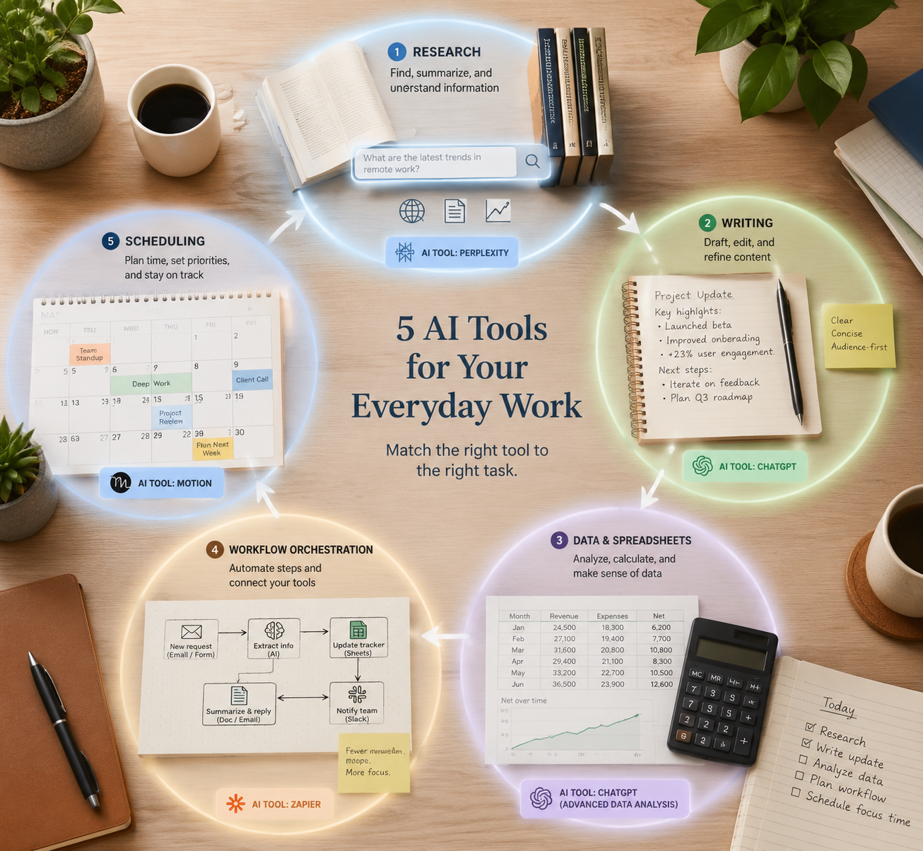 Five knowledge-work task zones arranged around matched AI tools