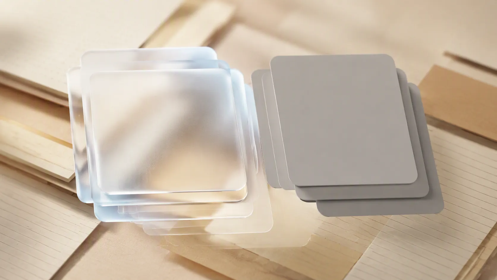 Translucent frosted-glass panels layered over a blurred paper-toned background, contrasting Liquid Glass adoption with flat matte panels
