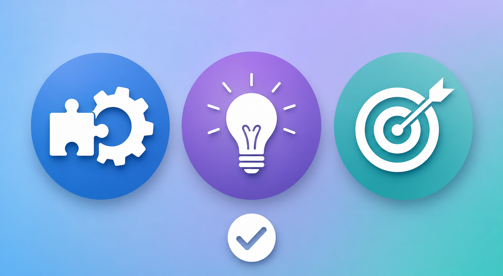 Three circular icons arranged horizontally on a muted blue-purple gradient background: a puzzle piece fitting into a gear (integration), a lightbulb turning on (day-one value), and a target with a centered arrow (specific pain point), with a checkmark beneath all three.