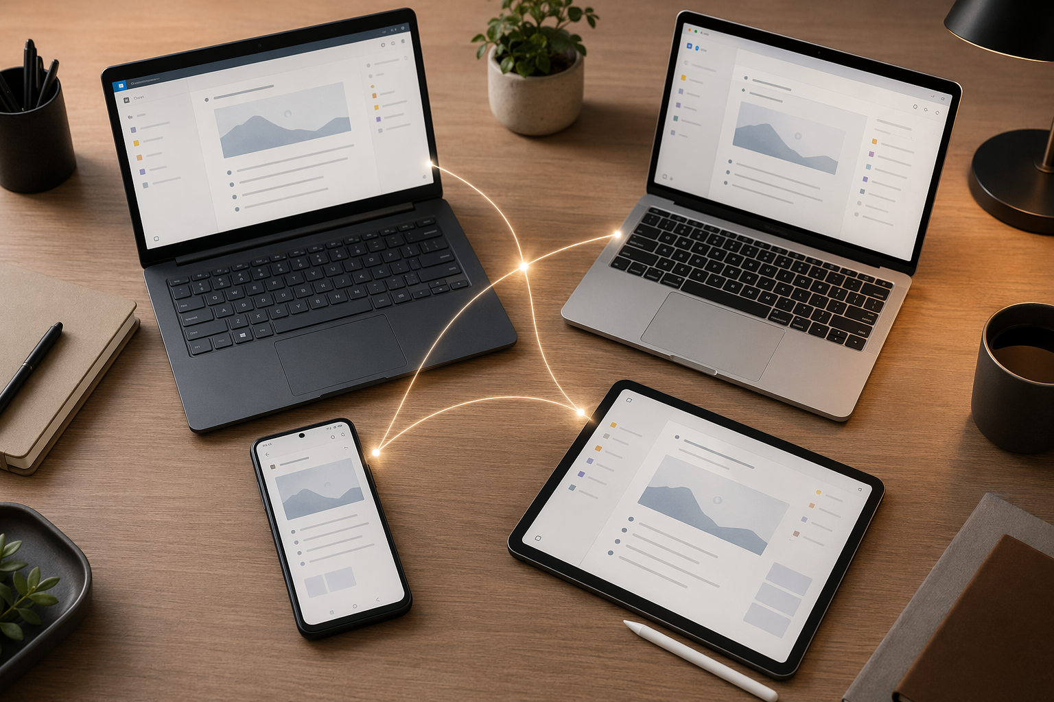 Windows laptop, MacBook, Android phone, and iPad connected by glowing sync lines
