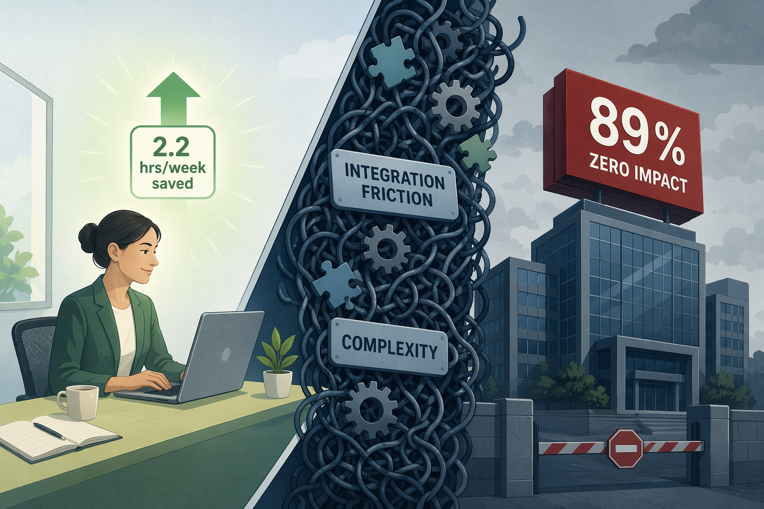 A split illustration: an individual worker saving 2.2 hours per week on one side, a corporate building with an 89% zero impact sign on the other, separated by a barrier of tangled gears labeled integration friction.
