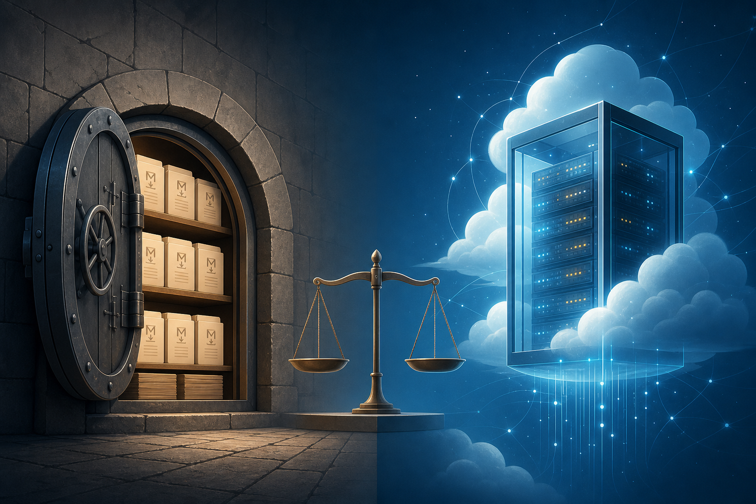 A stone vault with Markdown files balanced against a glowing cloud server rack, with a scale between them.