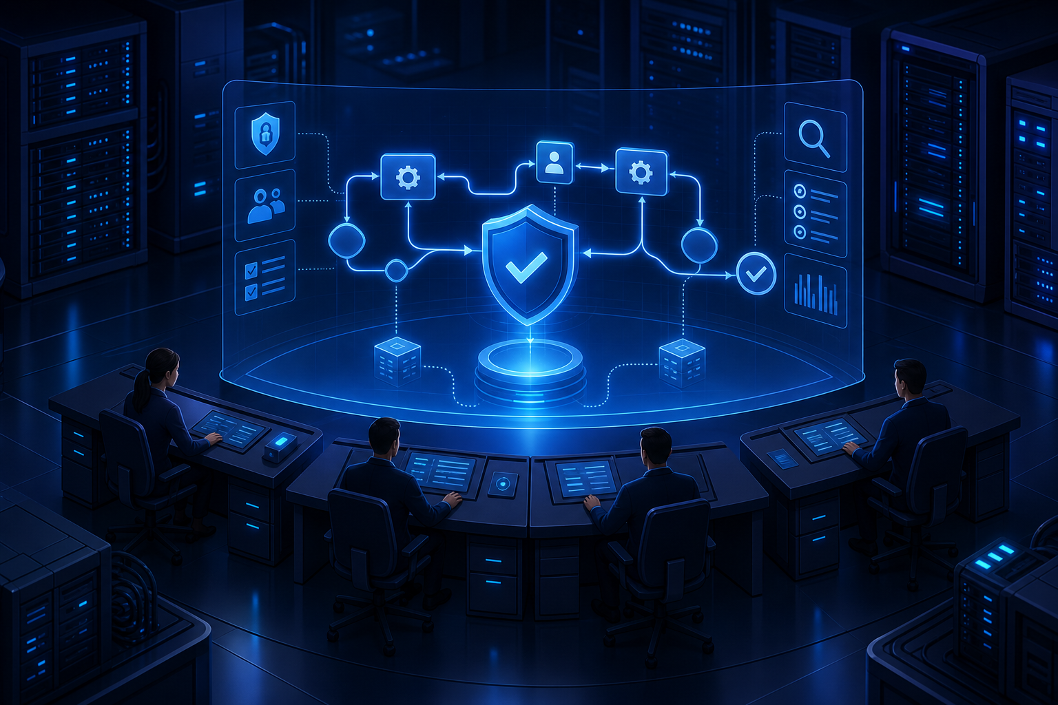 Holographic enterprise automation control center dashboard with workflow flow lines, shield security icons, and server rack silhouettes, conveying Blue Prism's enterprise-grade stability and governance.