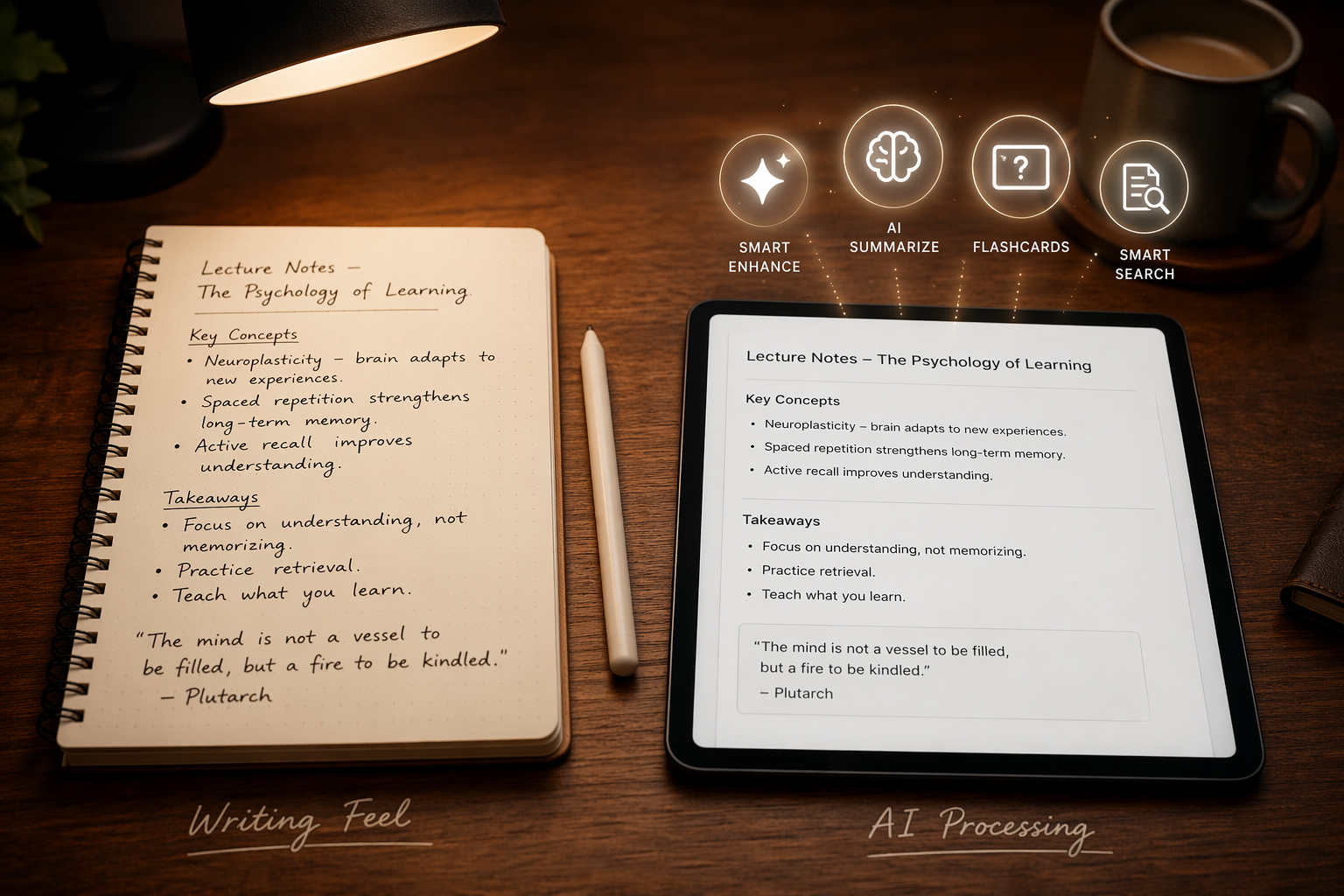 A desk flat-lay showing handwritten notebook pages on the left and a tablet with AI icons on the right, representing the transition from ink feel to AI-powered note-taking.