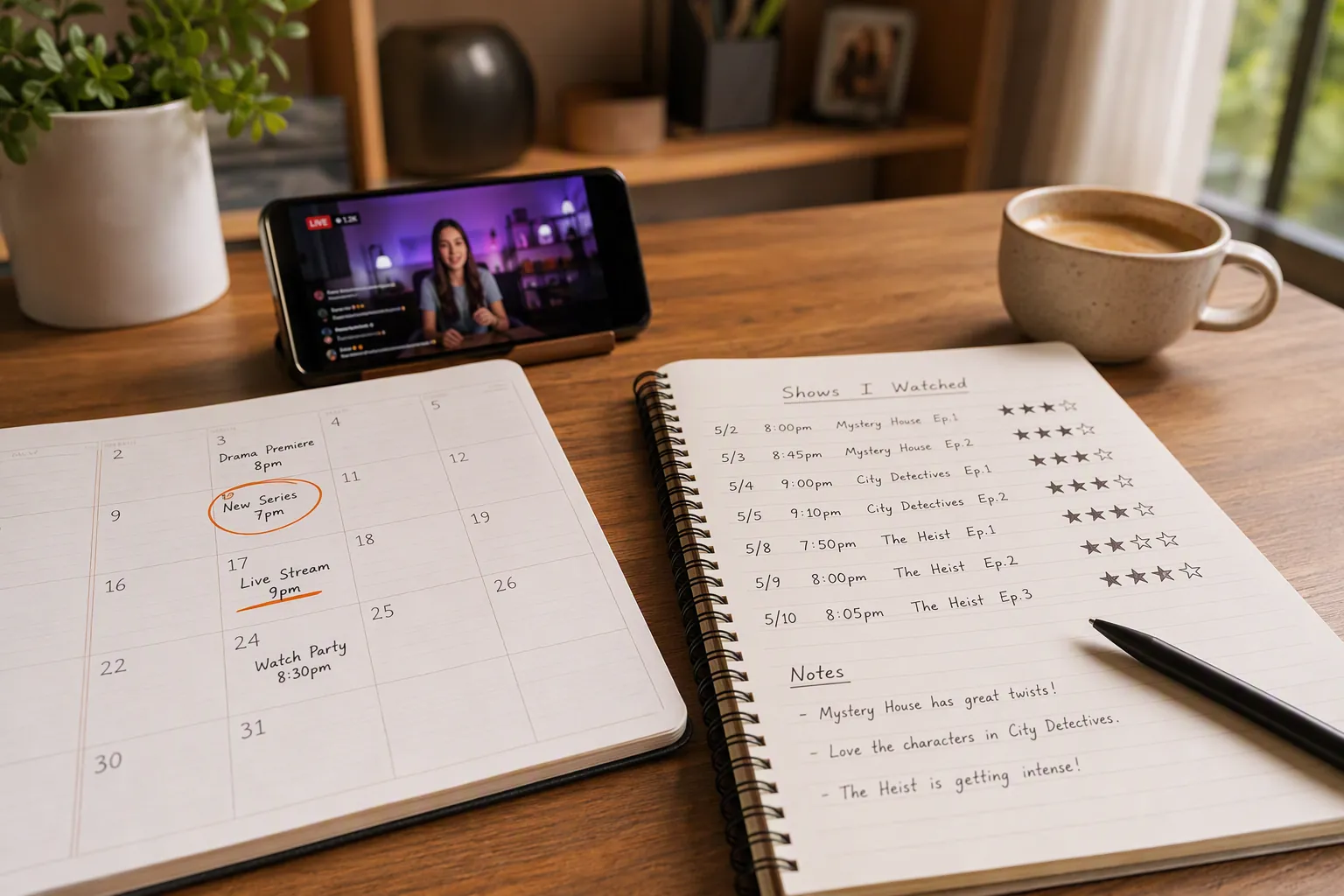 Calendar planner, notebook timestamps, and a phone showing a live stream on a desk