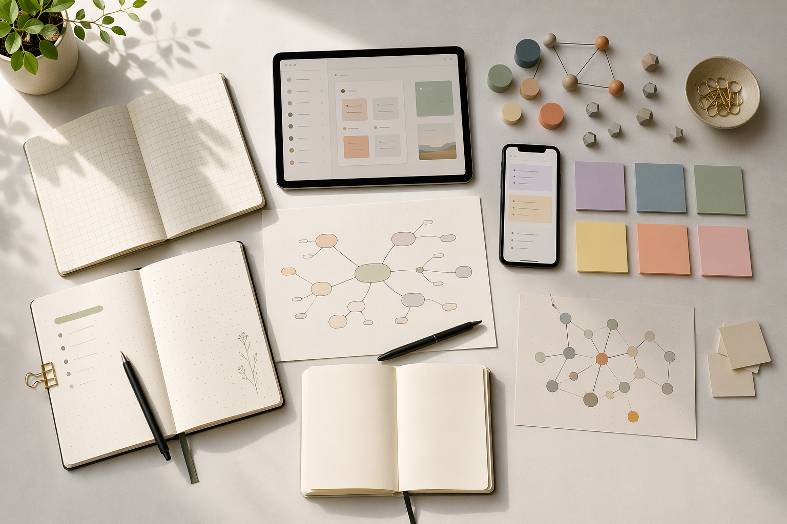 Modern desk with notebooks, devices, sticky notes, mind map, and abstract database and linked-note shapes