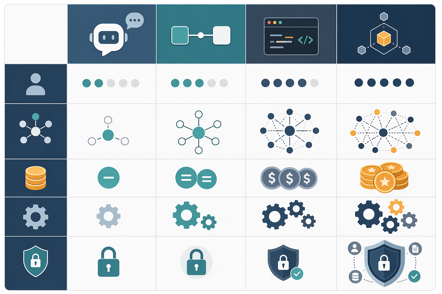 Comparison matrix of AI assistant, no-code connector, developer playground, and enterprise orchestration platform categories